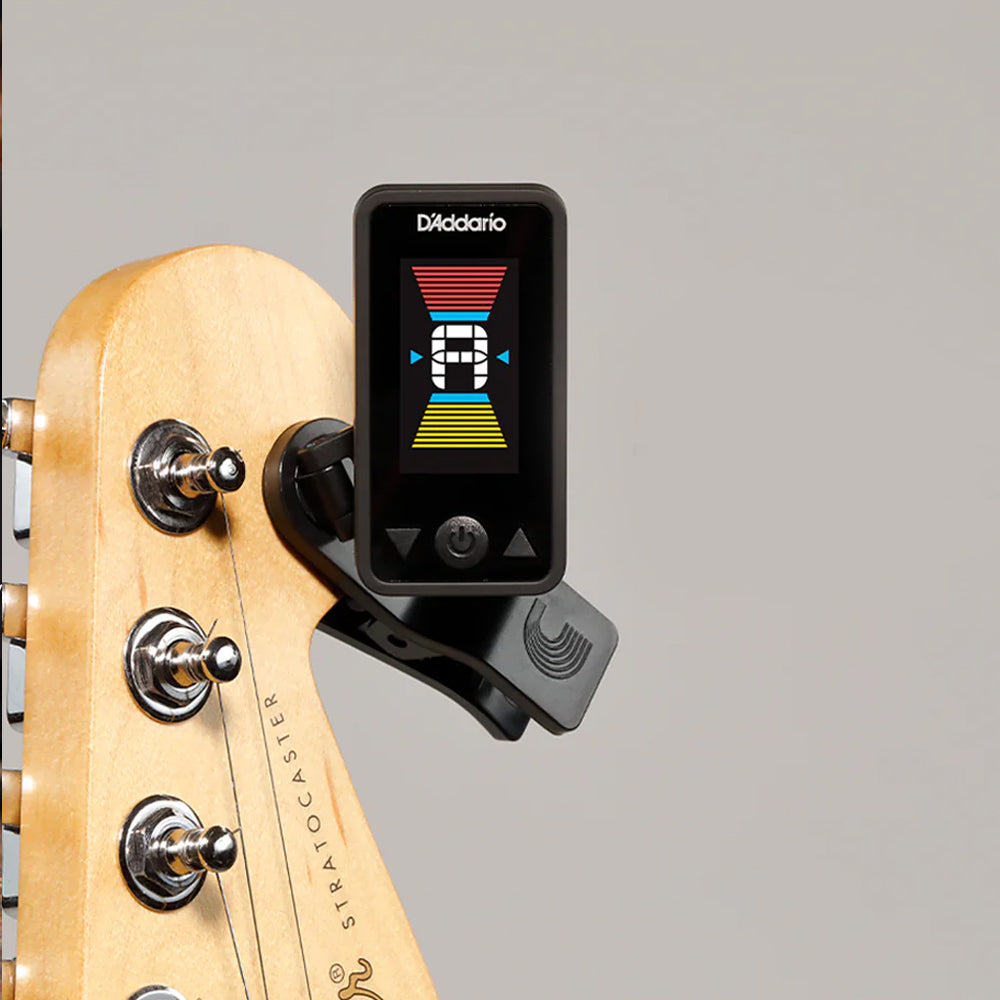 D'Addario clip-on tuner on a guitar headstock