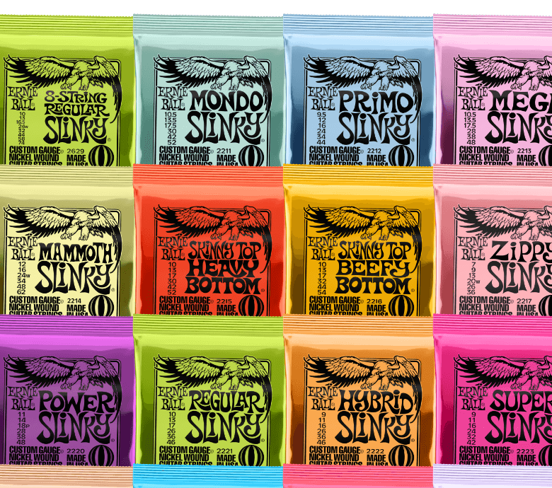 collection of colorful Ernie Ball Slinky Strings packages