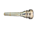 A silver metal trumpet mouthpiece shown horizontally