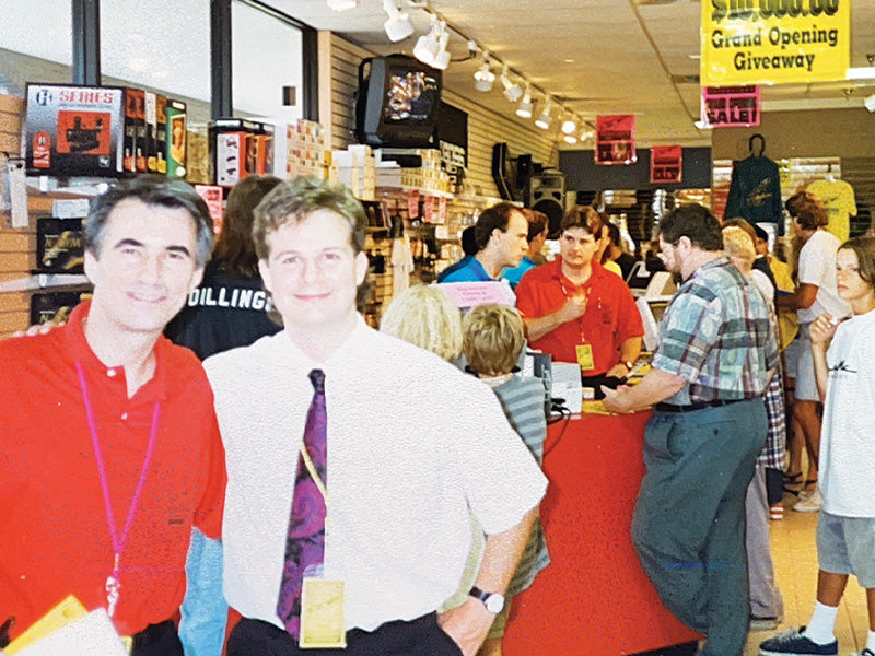 Customers shopping during a busy George’s Music grand opening event