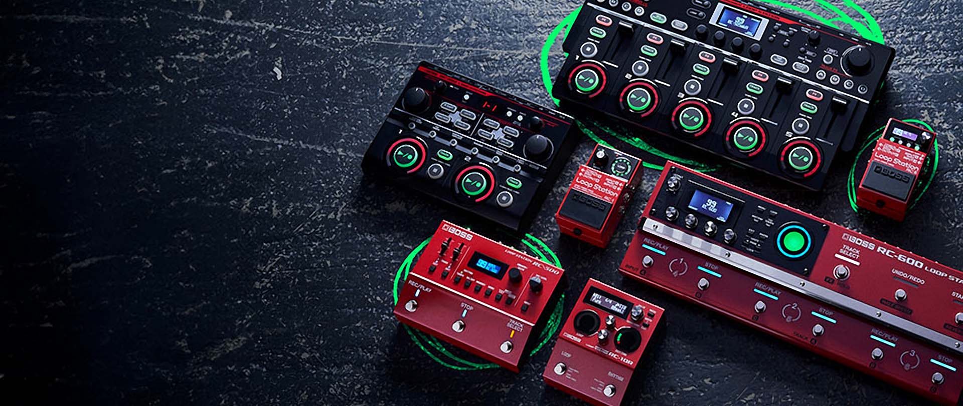 A collection of Boss Roland loopers on a floor