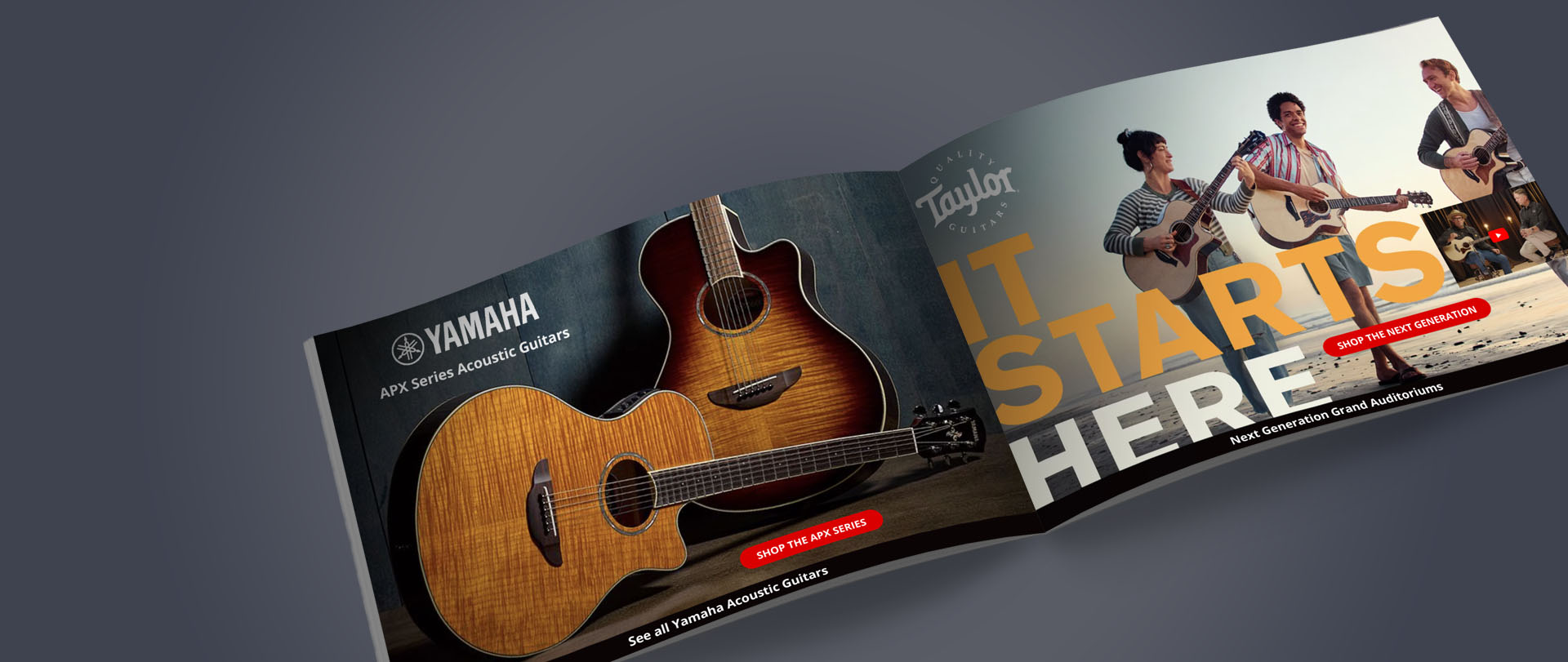 The Spring 2026 Gear Guide catalog displaying Yamaha and Taylor guitar pages on a gray background