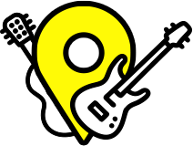 A yellow location pin icon with black outline and white fill, overlaid with two black-and-white electric guitars on a white background.