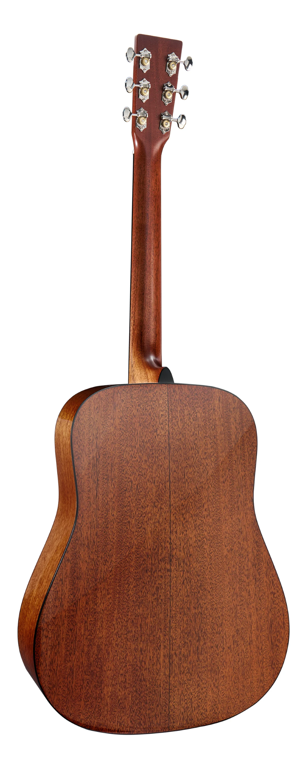 Back of an acoustic guitar with a wooden body and neck on a white background