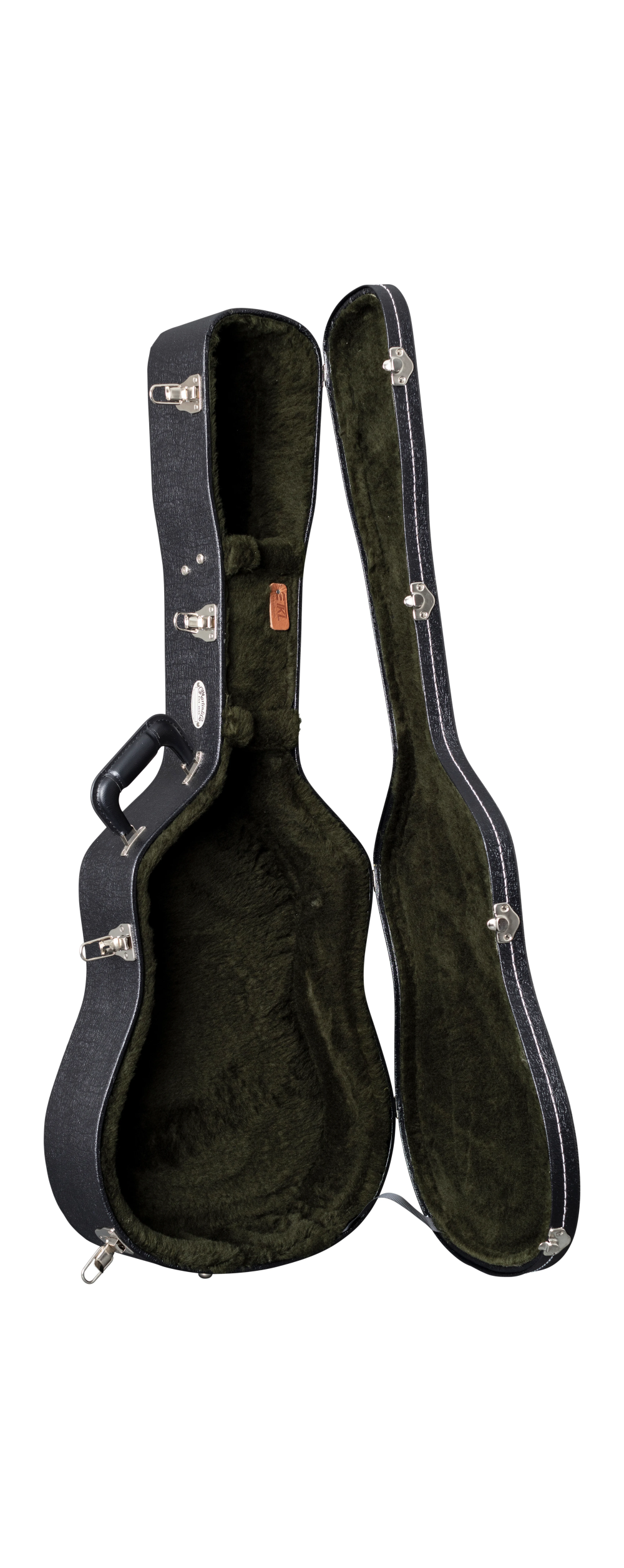 Black guitar case  with a plush dark green interior on a white background