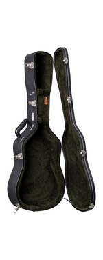 Black guitar case  with a plush dark green interior on a white background