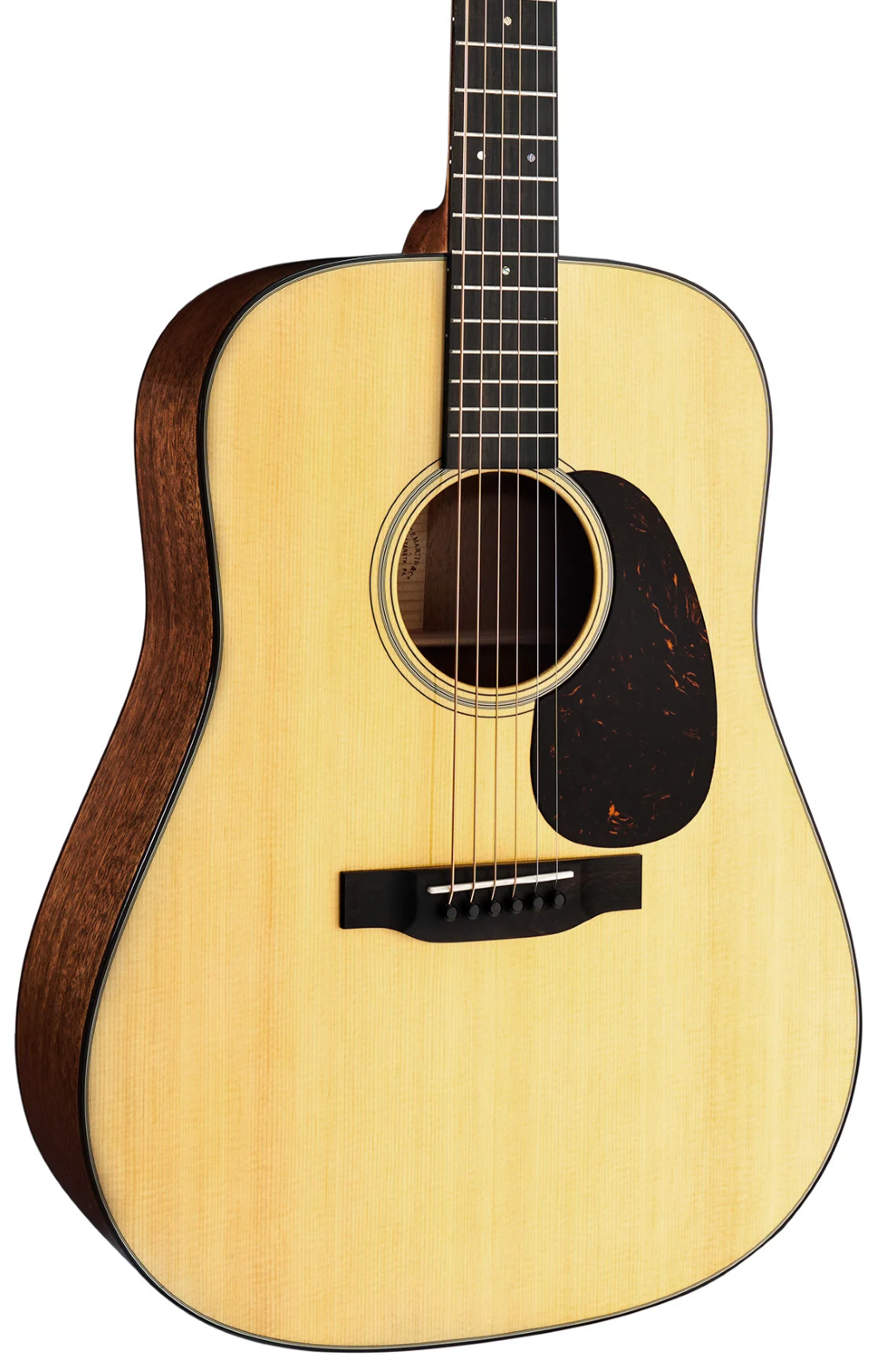 An acoustic guitar with a natural wood body, dark brown sides, and a black pickguard, shown against a plain white background.