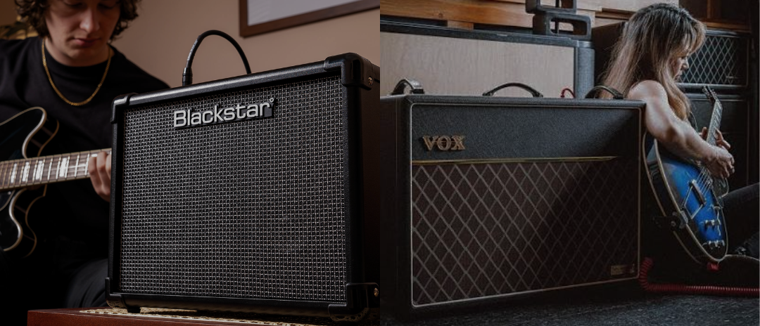 A split-screen lifestyle photo showing two guitar amplifiers in use: a Blackstar guitar amp on the left with a guitarist, and a Vox guitar amp on the right with a drummer in a rehearsal room.