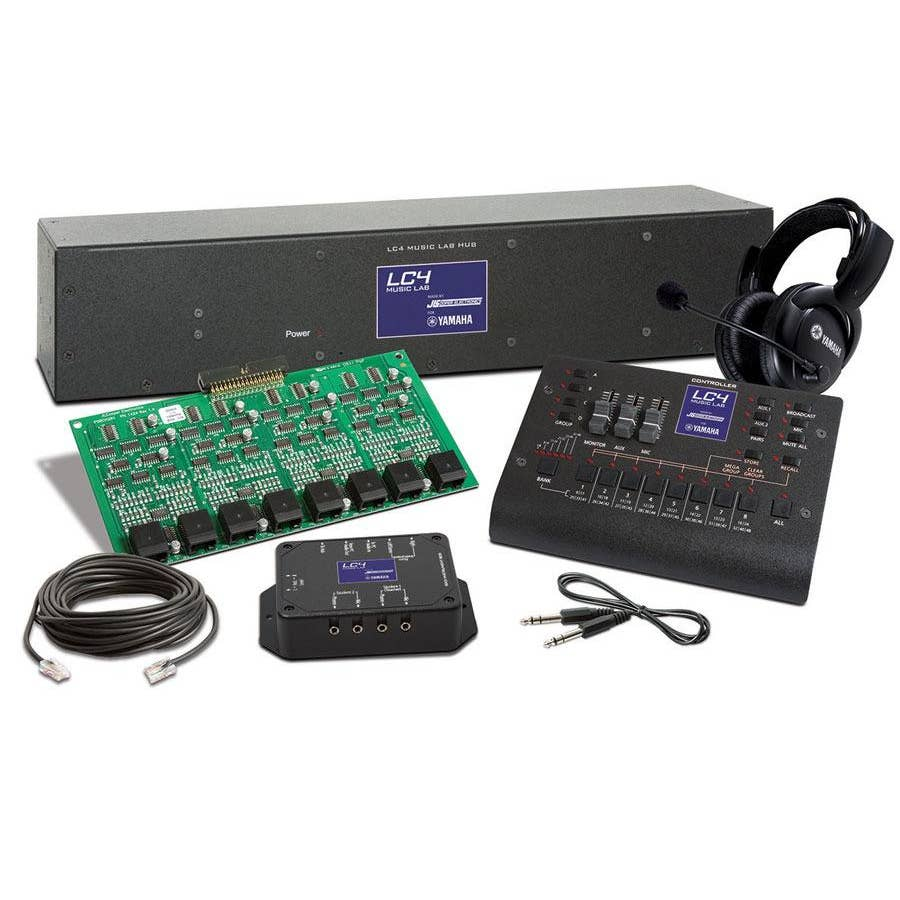 Yamaha LC4 Live Performance System kit including a large black power box, green circuit board, black control panel, headphones, patch cables, and a small black signal processor