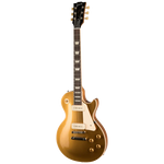 A gold-finish electric guitar with a white pickguard and gold tuning pegs
