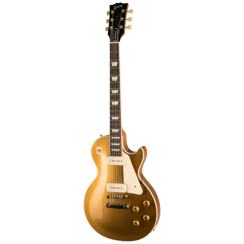 A gold-finish electric guitar with a white pickguard and gold tuning pegs
