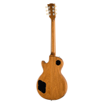 A classic electric guitar shown from the back, featuring a natural wood finish with a visible grain pattern and black hardware details