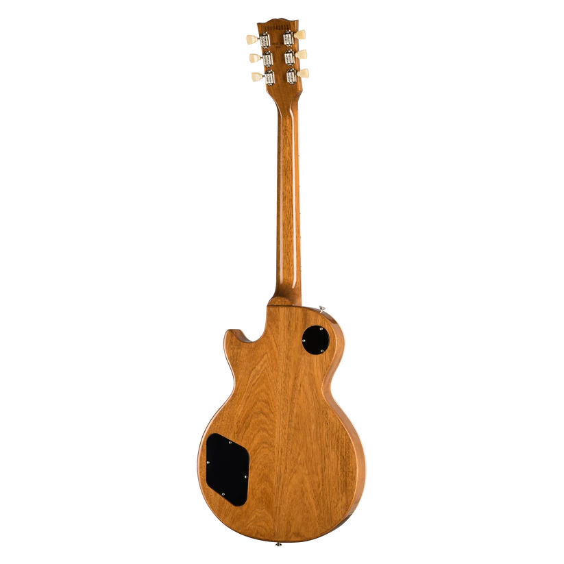 A classic electric guitar shown from the back, featuring a natural wood finish with a visible grain pattern and black hardware details