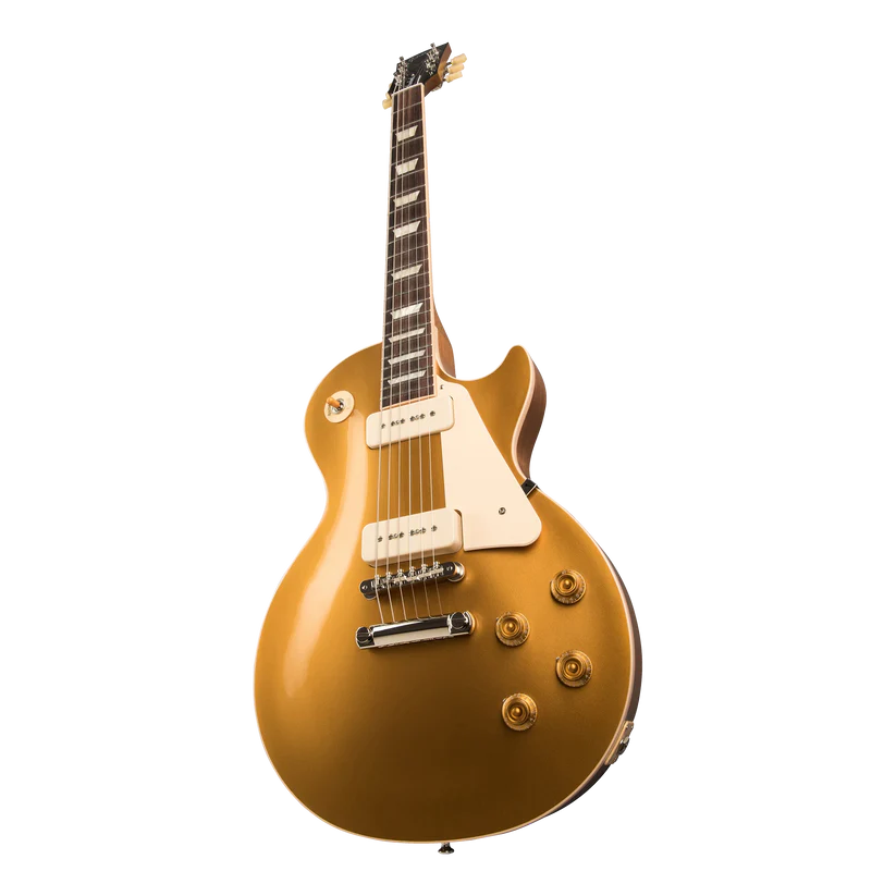 A gold-finish electric guitar with a white pickguard and gold hardware
