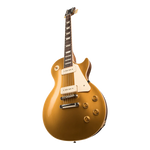 A gold-finish electric guitar with a white pickguard and gold hardware