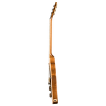 A side profile view of a classic electric guitar with a natural wood finish