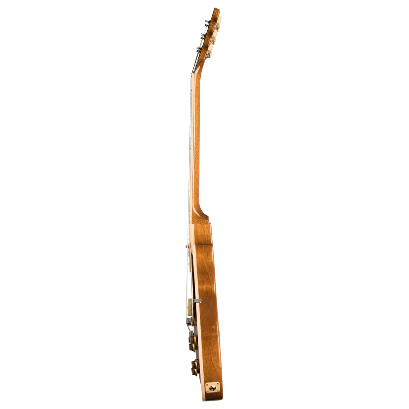 A side profile view of a classic electric guitar with a natural wood finish