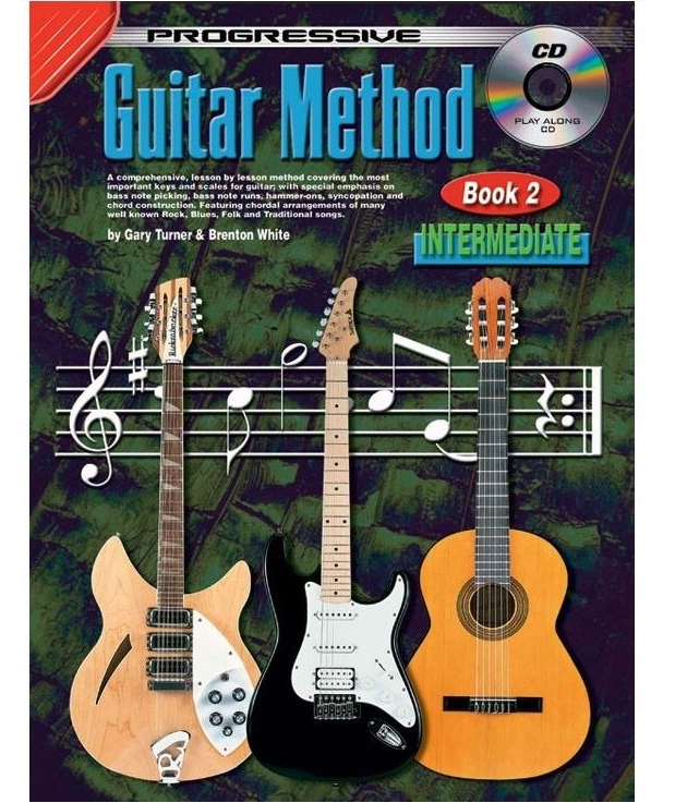 Book cover of 'Progressive Guitar Method Book 2' with guitars and music notes on a dark green background.