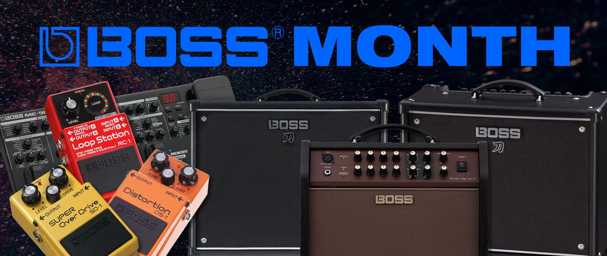 Promotional graphic for BOSS Month featuring multiple BOSS guitar gear, including amplifiers and effects pedals, arranged against a dark starry background with large blue BOSS MONTH text at the top.