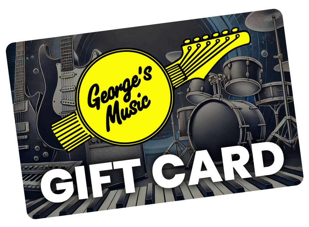 Gift card with 'George's Music' logo and guitar, drums, amplifier, and keyboards images
