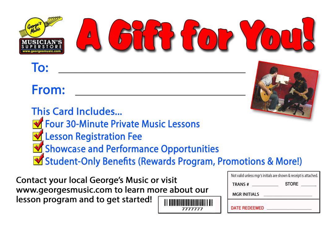 Music lesson gift certificate with promotional text and a photo of people playing guitar.