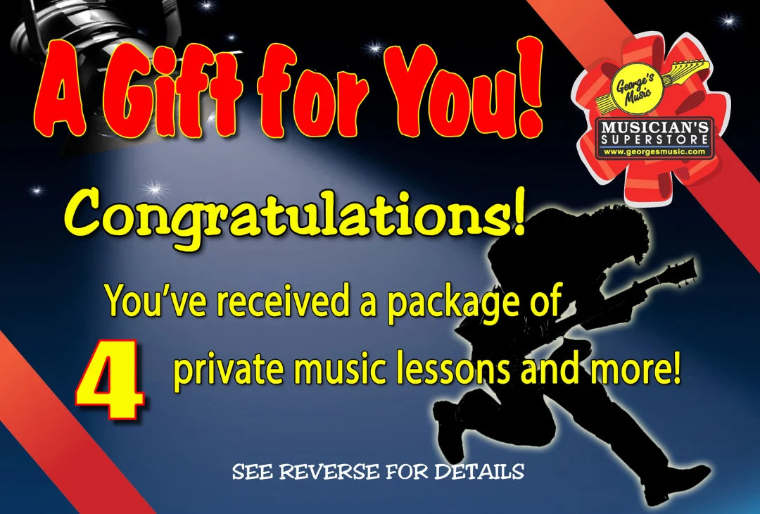 Promotional gift certificate for private music lessons with a silhouette of a person playing guitar.