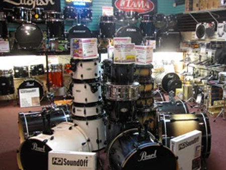 Keyboard and drums section at George's Music Store