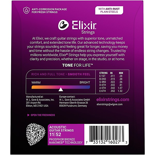 Elixir 16027 Nanoweb 10-PackPhosphor Bronze Acoustic Guitar Strings - Custom Light — back view