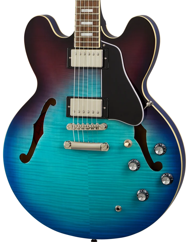 Epiphone ES-335 Figured Semi-Hollow Electric Guitar - Blueberry Burst — three-quarter front view