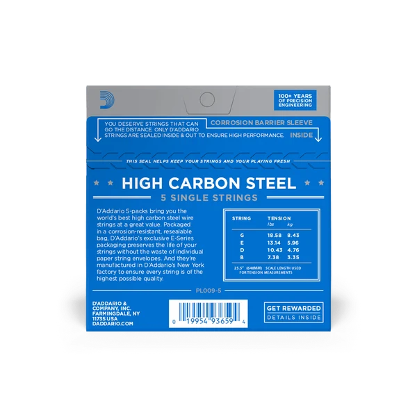 D'Addario PL009-5 Plain Steel Single Guitar Strings - 5 Pack of .009's — back view