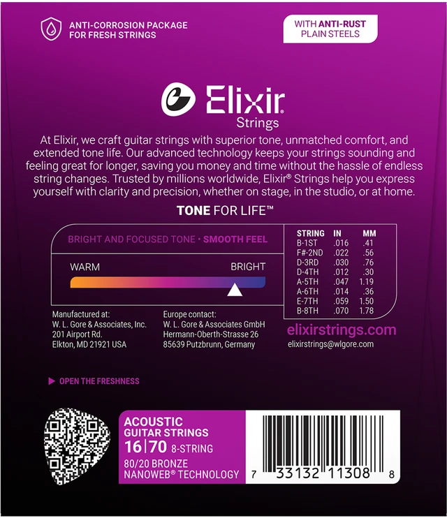 Elixir Strings Nanoweb 80/20 Bronze Acoustic Baritone Guitar Strings - 8 String Set — back view
