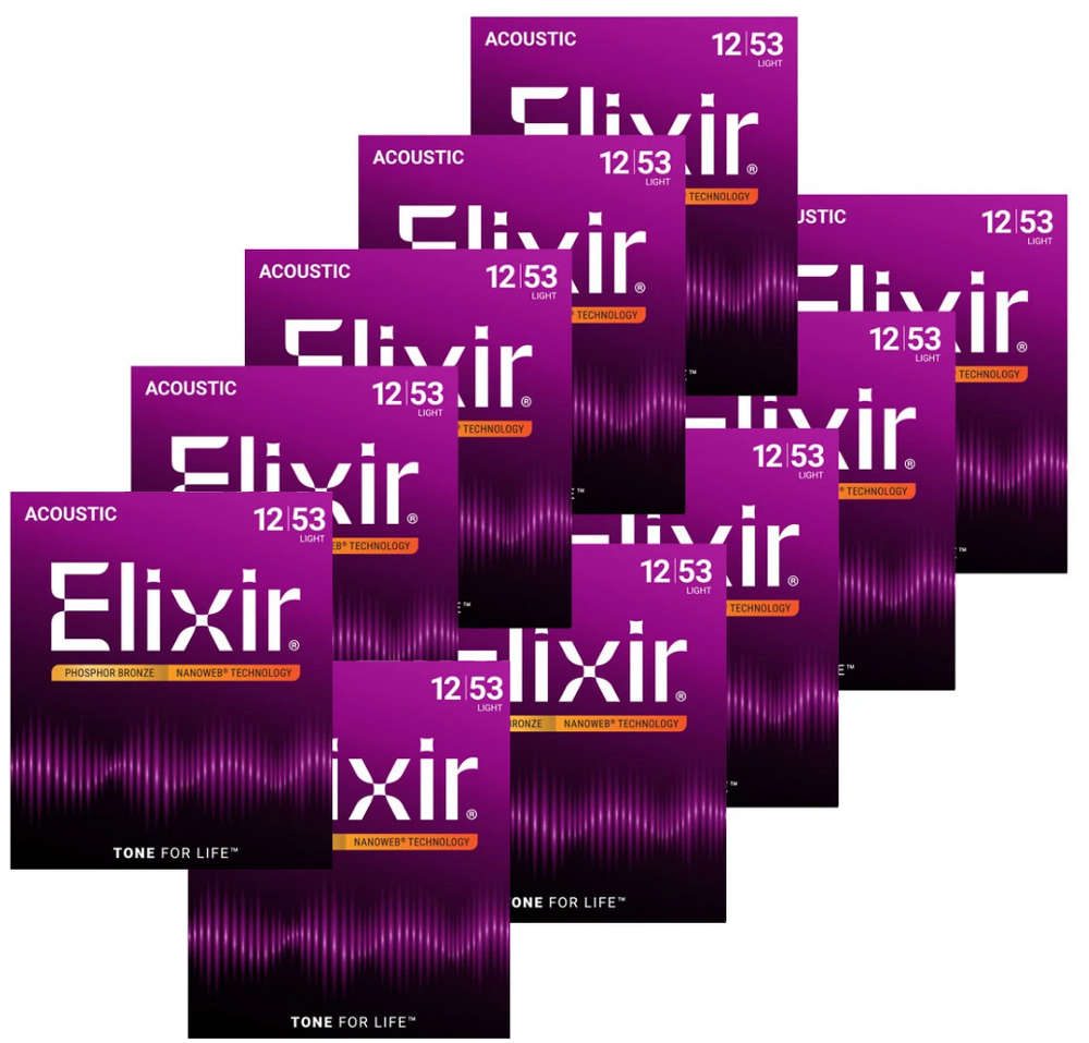 Elixir 16052 Nanoweb 10-Pack Phosphor Bronze Acoustic Guitar Strings - Light — front angle