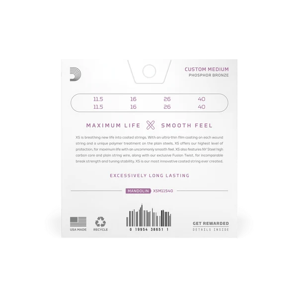 D'Addario XSM11540 Phosphor Bronze Mandolin Strings - Custom Medium — back view