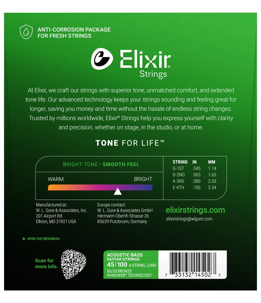 Elixir Strings Nanoweb 80/20 Acoustic Bass Guitar Strings - Light — back view