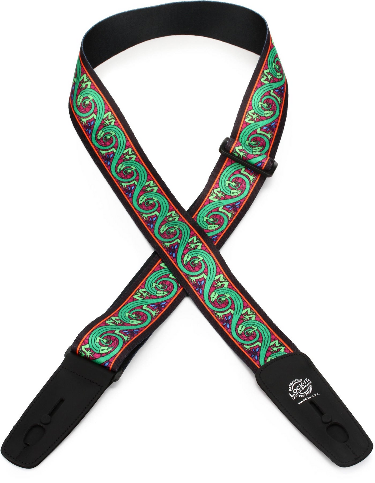 Lock-It Straps Bob Masse Series 2-inch Plush Poly Strap with Locking Ends - Green Lizards 3