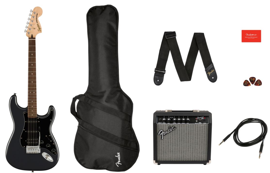 Squier Affinity Strat HSS Pack contents including guitar, gig bag, amplifier, strap, and accessories 2