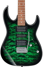 Ibanez Gio GRX70QA Electric Guitar in Transparent Emerald Burst, three-quarter front view