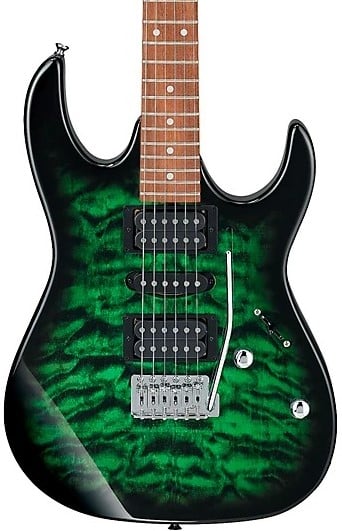 Ibanez Gio GRX70QA Electric Guitar in Transparent Emerald Burst, three-quarter front view