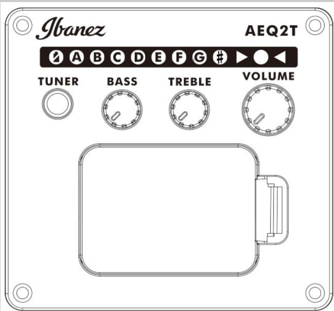 Ibanez AEQ2T preamp control panel with tuner, bass, treble, and volume knobs