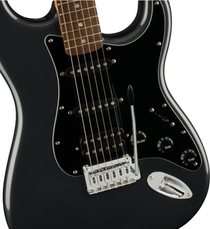 Squier Affinity Strat HSS Electric Guitar Pack Laurel Neck Charcoal Frost Metallic, front angled view