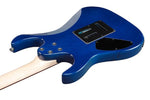 Ibanez GRX70QATBB Electric Guitar in Transparent Blue Burst, angled view showing body and neck