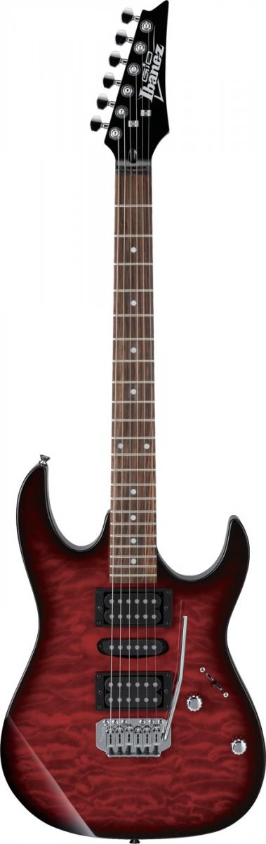 Ibanez GRX70QATRB Electric Guitar in Transparent Red Burst, front view 2