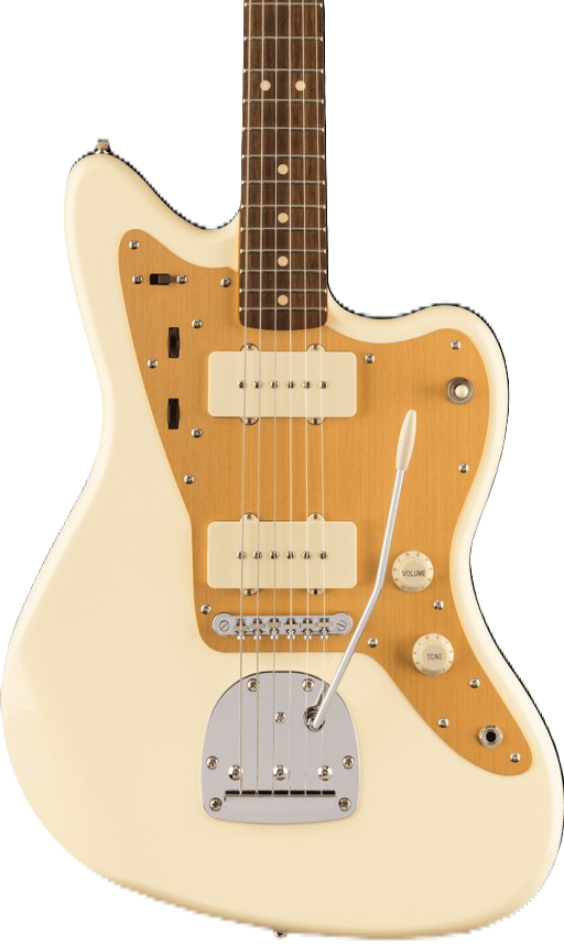 Squier J Mascis Signature Jazzmaster Electric Guitar in Vintage White with Gold Anodized Pickguard, three-quarter front view