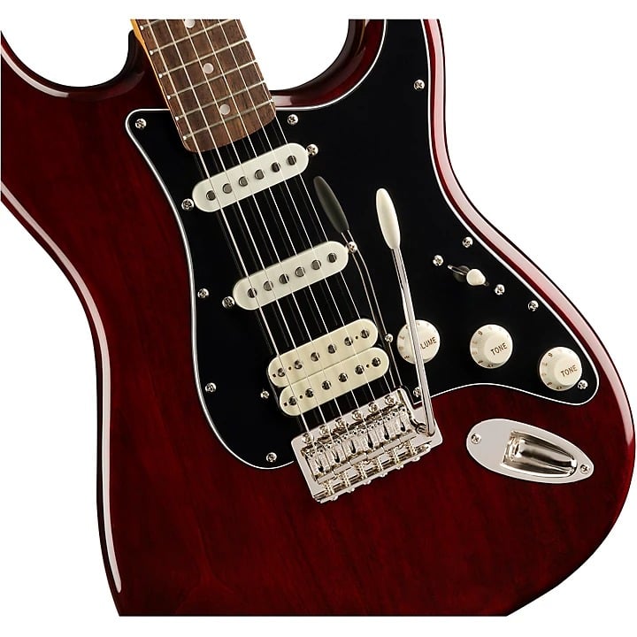 Squier Classic Vibe '70s Stratocaster HSS in Walnut, front-angled view showing pickguard and controls