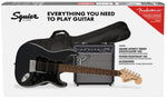 Squier Affinity Strat HSS Electric Guitar Pack Charcoal Frost Metallic retail box contents display