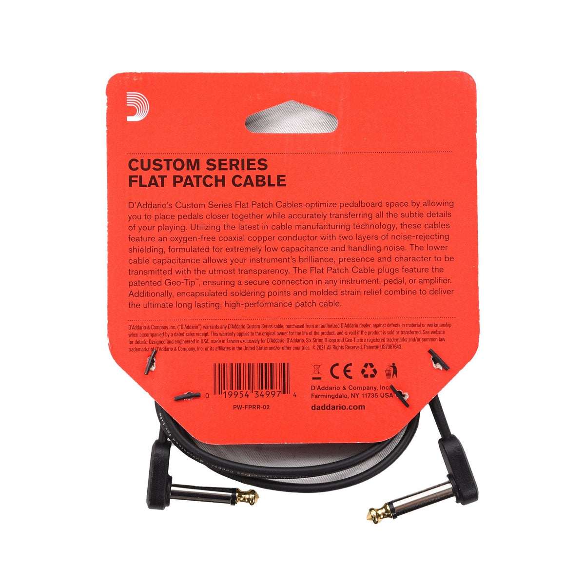 D'Addario PW-FPRR-02 Right Angle to Right Angle Flat Patch Cable - 2 Foot 3