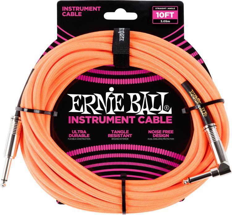 Ernie Ball 6079 10' Braided Cable w/Right Angle (Neon Orange)