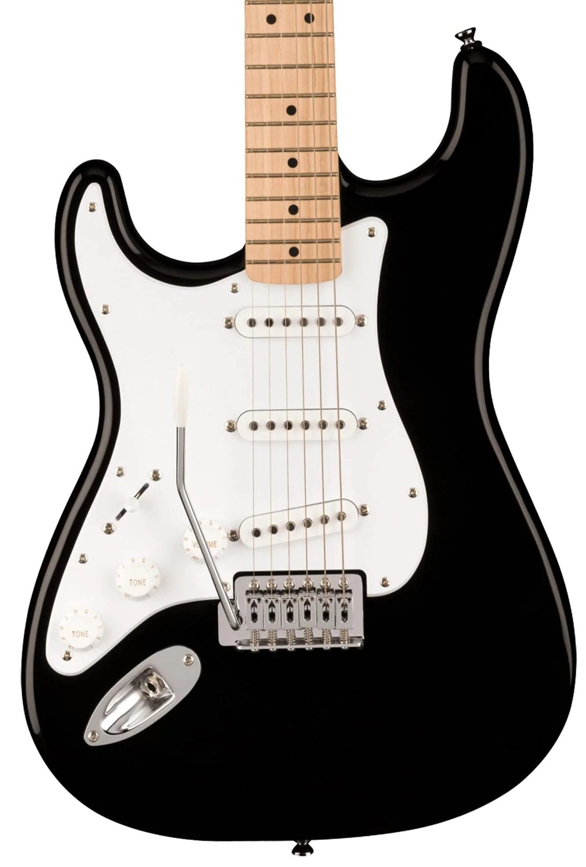 Squier Sonic Stratocaster Left-Handed Electric Guitar in Black, three-quarter front view