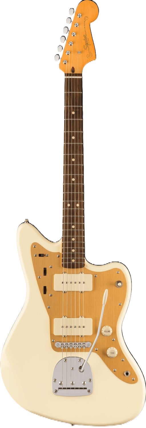 Squier J Mascis Signature Jazzmaster Electric Guitar in Vintage White with Gold Anodized Pickguard, front view 2