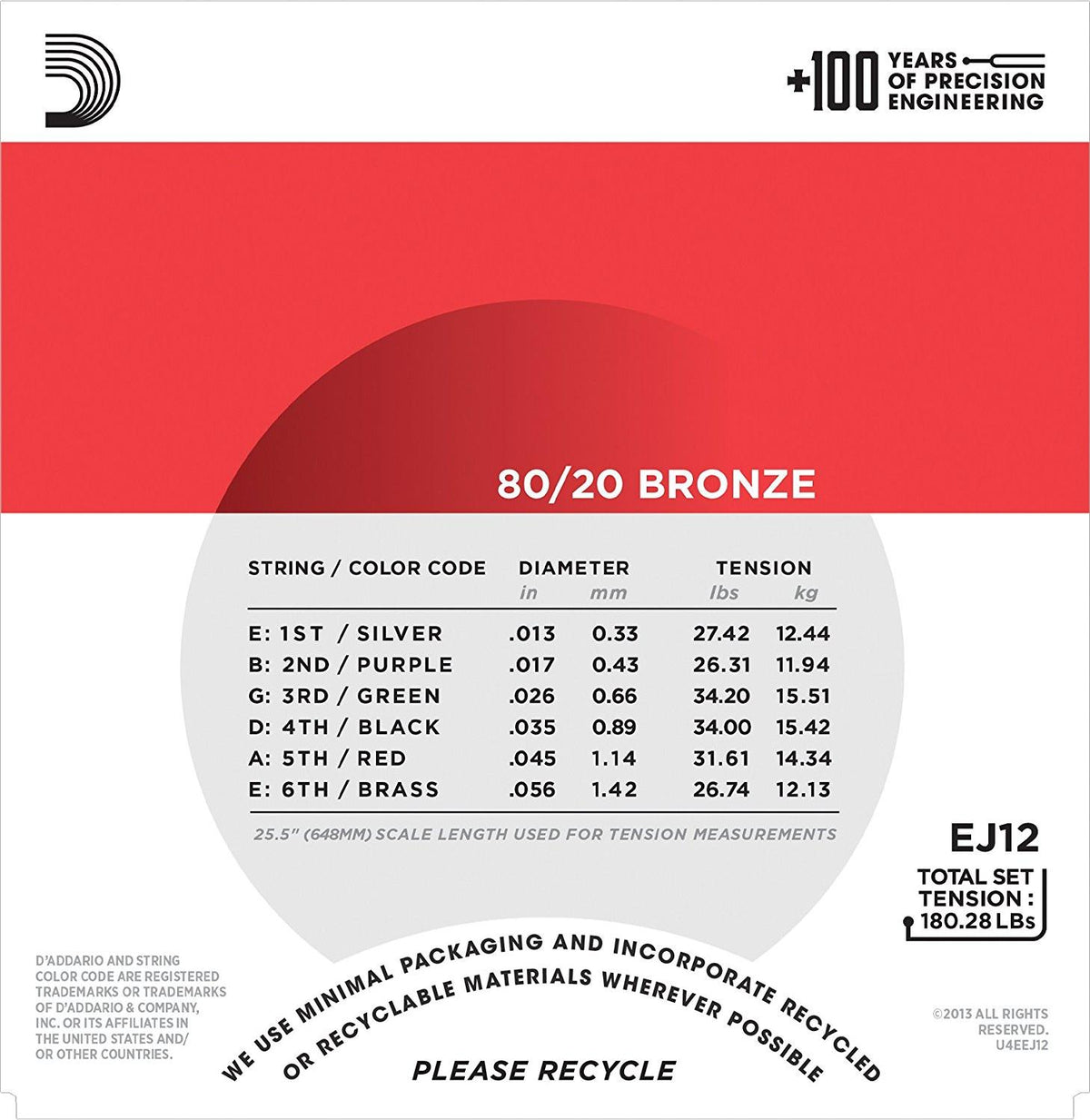 D'Addario EJ12 80/20 Acoustic Guitar Strings Medium (13-56) 2